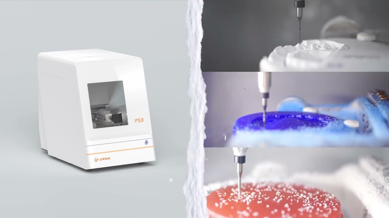 Chairside CAD/CAM dental milling machine fabricating a same-day permanent porcelain crown from a solid ceramic block at Merry Dental Hub, 2260 Country Club Rd Suite 101, Wylie TX 75098