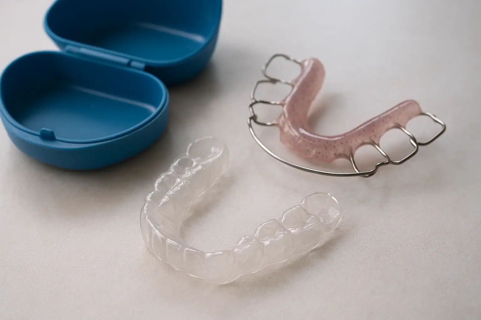 Essix clear retainer and Hawley wire retainer with case — custom replacement retainers at Merry Dental Hub, Wylie TX 75098